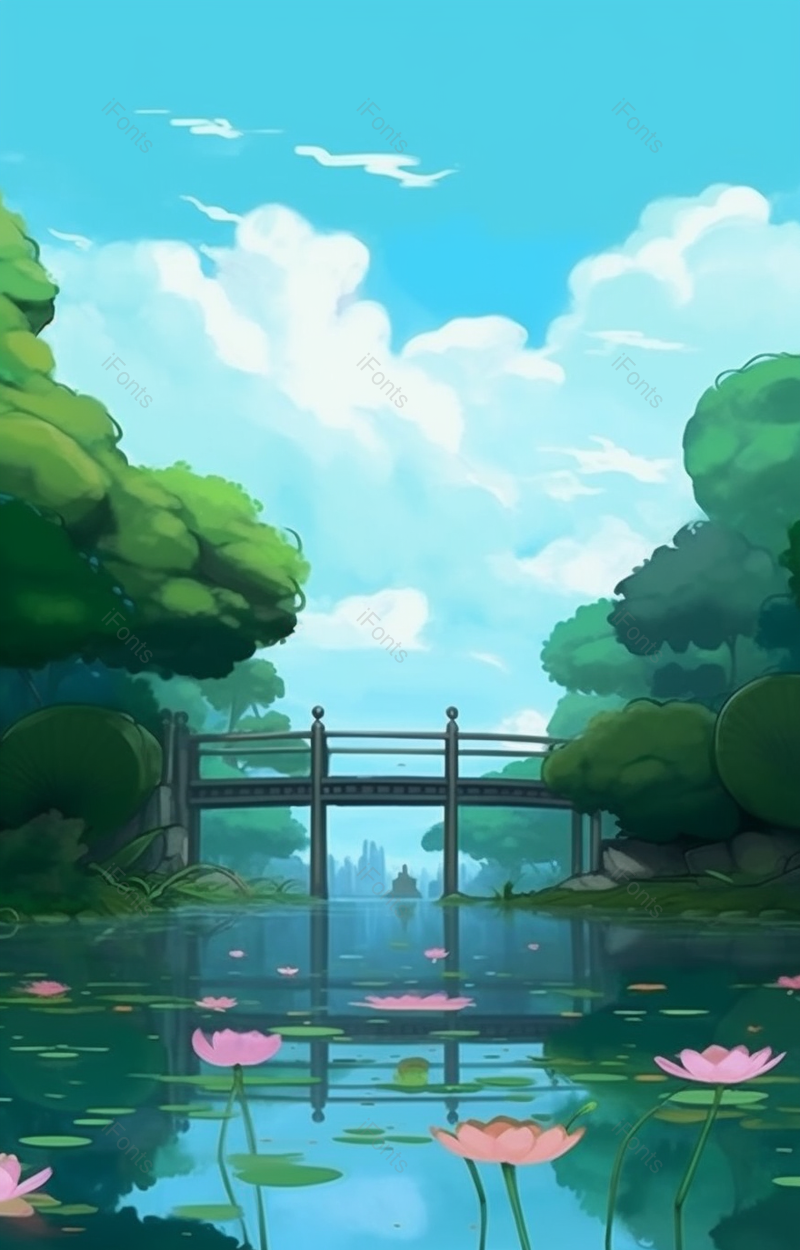 夏天蓝色天空莲池木桥背景插画,插画/手绘图,插画/手绘图库,插画/手绘图下载,插画/手绘